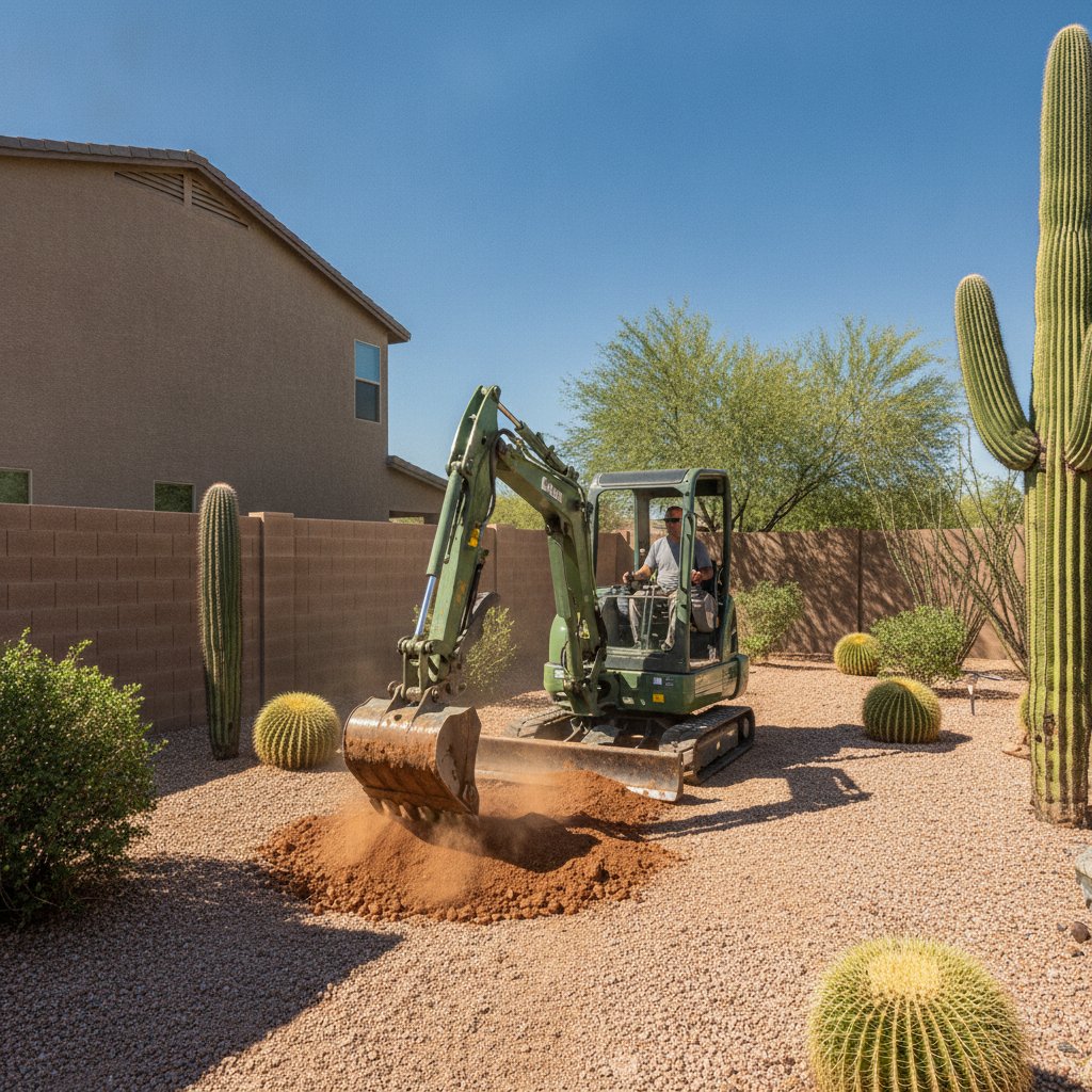 Mini excavator working a tight-access residential backyard in the Phoenix Valley, Arizona
